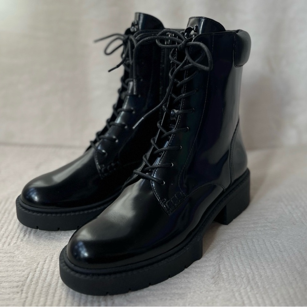 NEW Womens Size 6 Coach Leighton Black Patent Leather Lugged Lace Up Ankle Boots